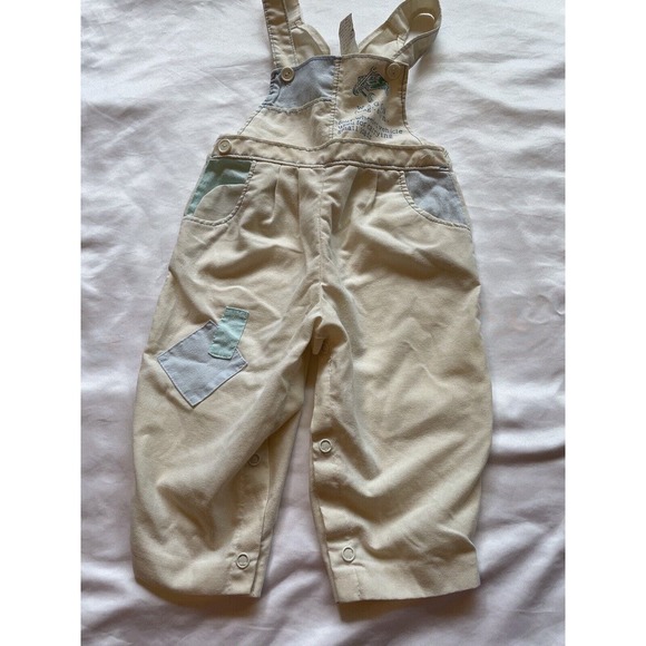 Vintage White Lightweight Cotton Patchwork Wagon Overalls One Piece Button 12 mo - Picture 5 of 11